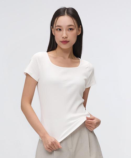 [코튼스판] 골지 스퀘어넥 세미크롭 반팔티_SPRWF26G05