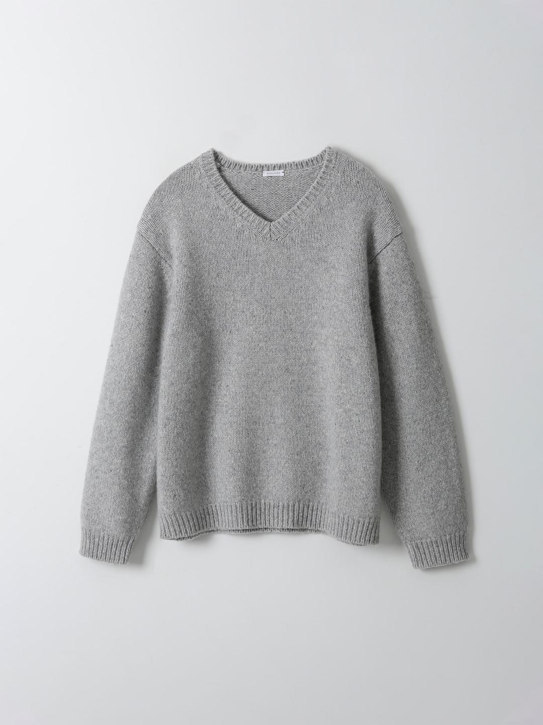 Chunky Alpaca Wool V neck Knit (Light Grey)
