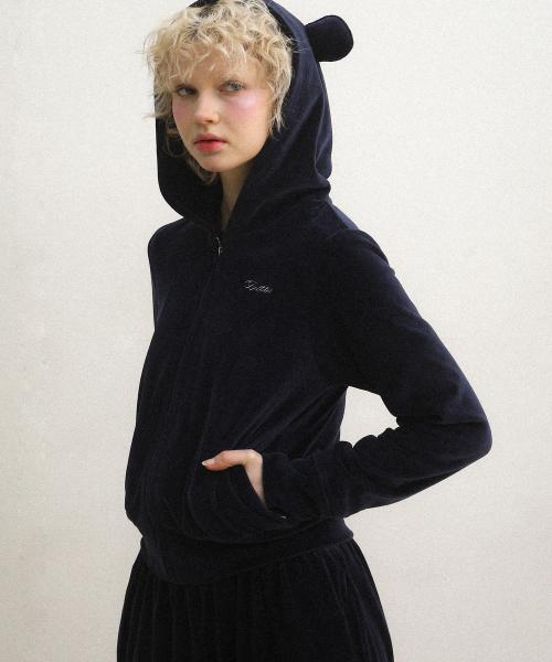 Velour Ear Zipup Crop Hoodie Navy