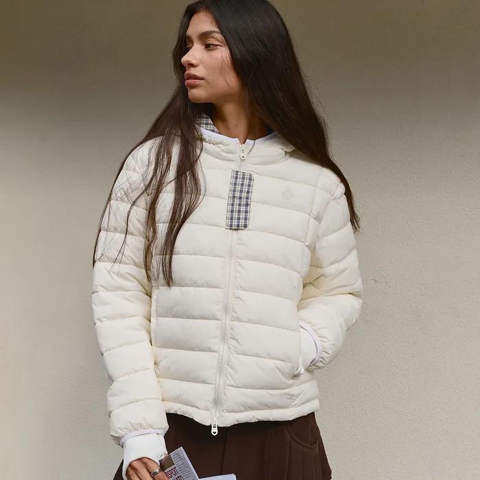 Hood Check Light Puffer Jacket-Ivory