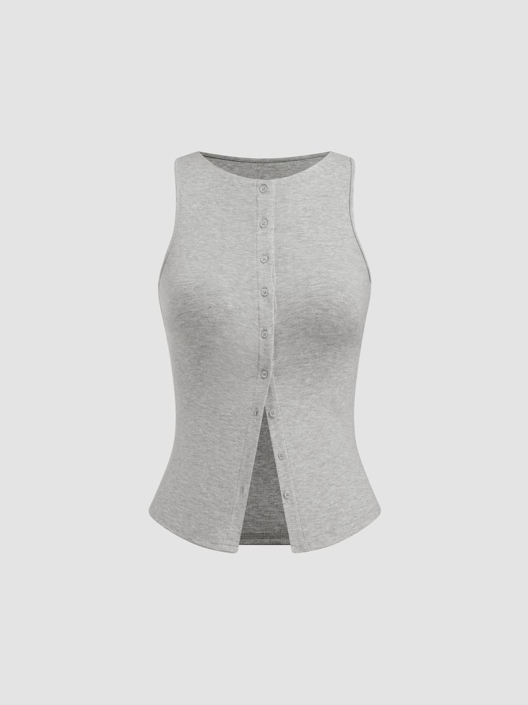 Round Neckline Solid Button Crop Tank Top