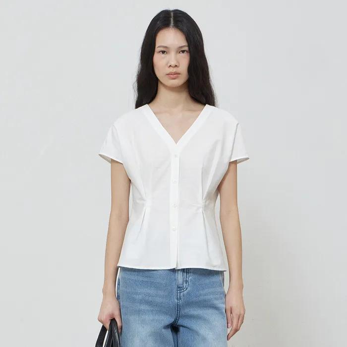 V-NECK PLEATS BLOUSE - WHITE