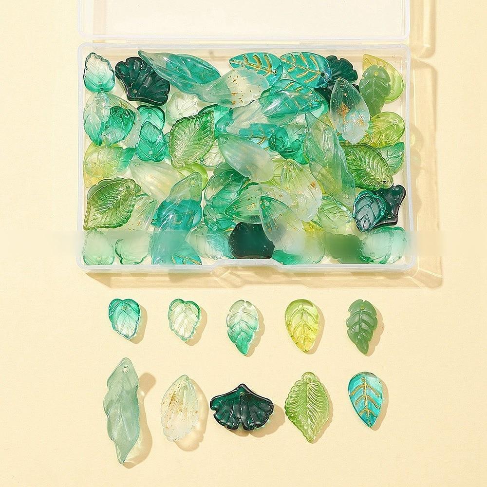 10스타일투명유리펜던트/반짝이/나뭇잎/색상혼합/13.5~34X10~20X2.9~4.5mm/구멍:1~1.5mm/80개/상자