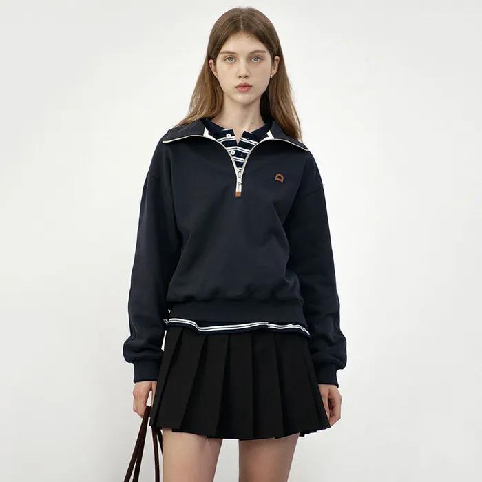 UNISEX LEATHER LOGO HALF ZIP-UP SWEATSHIRT FRENCH NAVY_UDTS5C107N2