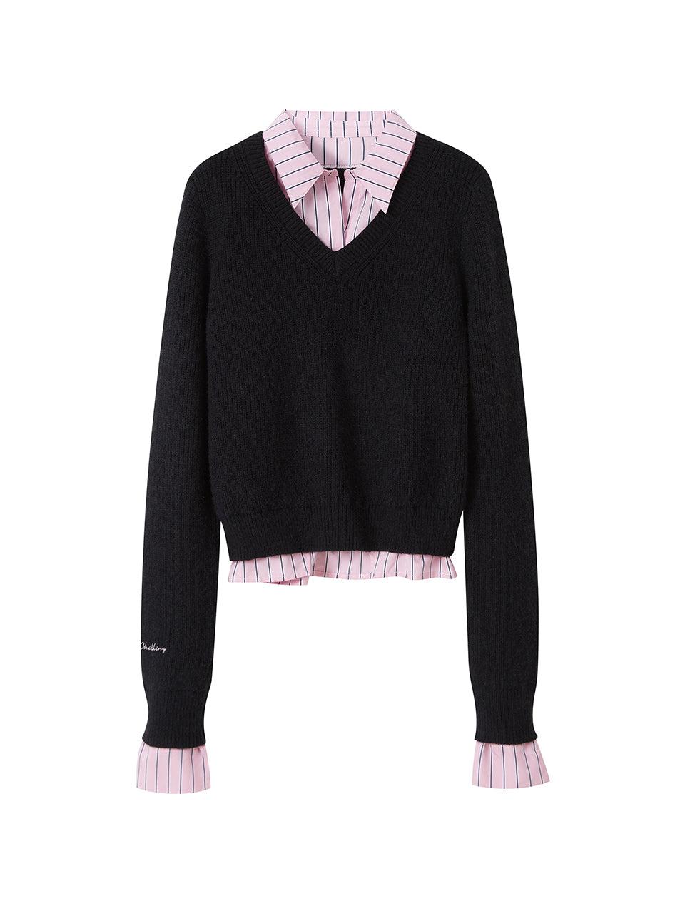 CLASSIC SWEATER WITH STRIPE SHIRT COLLAR - XS / Pink