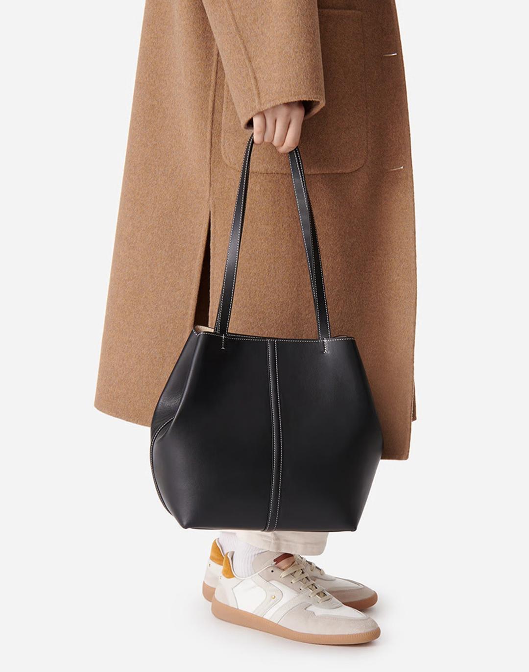 블랙 레더 미니 데일리 토트백