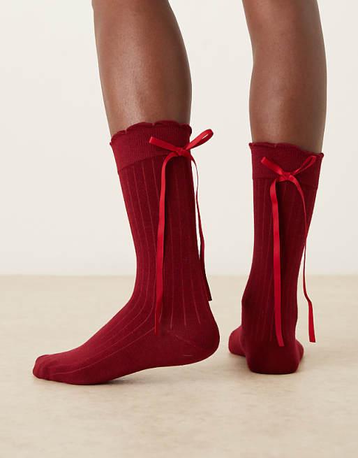 ASOS DESIGN socks with ribbon detail in wine red