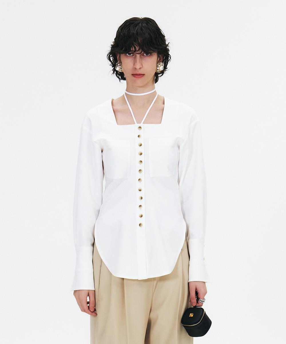 SQUARE-NECK BLOUSE WITH FITTED WAIST AND STRAP TIE - WHITE