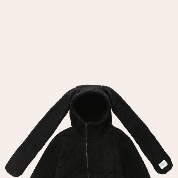 FLUFFY LOBBIT HOODED ZIPUP - BLACK