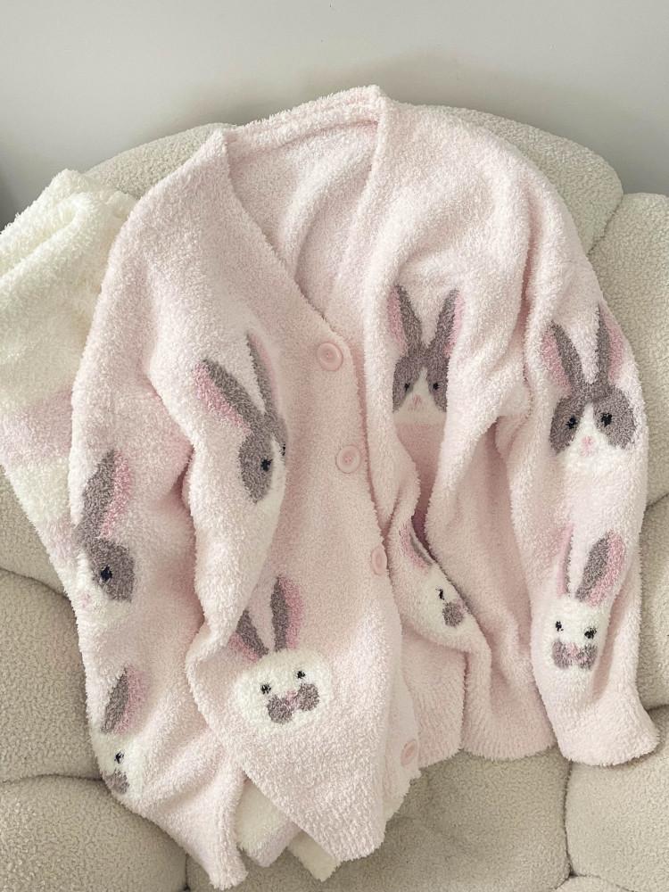 핑크 래빗 수면 잠옷 긴팔 파자마 홈웨어 세트 가디건 집순이 겨울 커플 새달바스켓