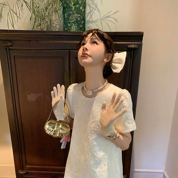 LRIB Heart-throbbing Vintage Elegant Beige Jacquard Bubble Sleeve Dress