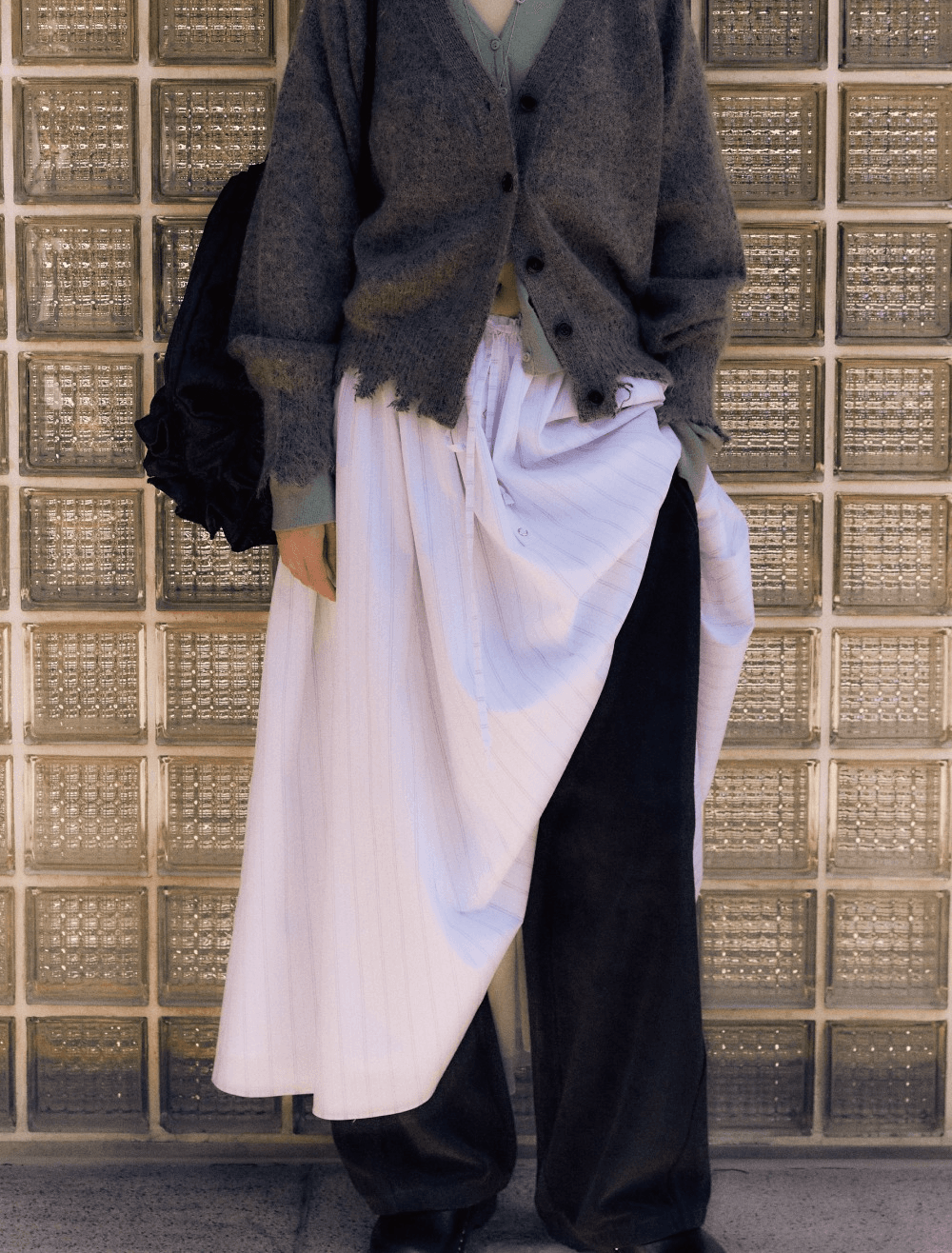 BUTTON LONG PLARED SKIRT [STRIPE]