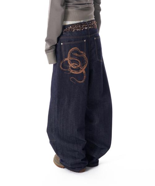 Snake Printed Denim Pants (Dark Blue)