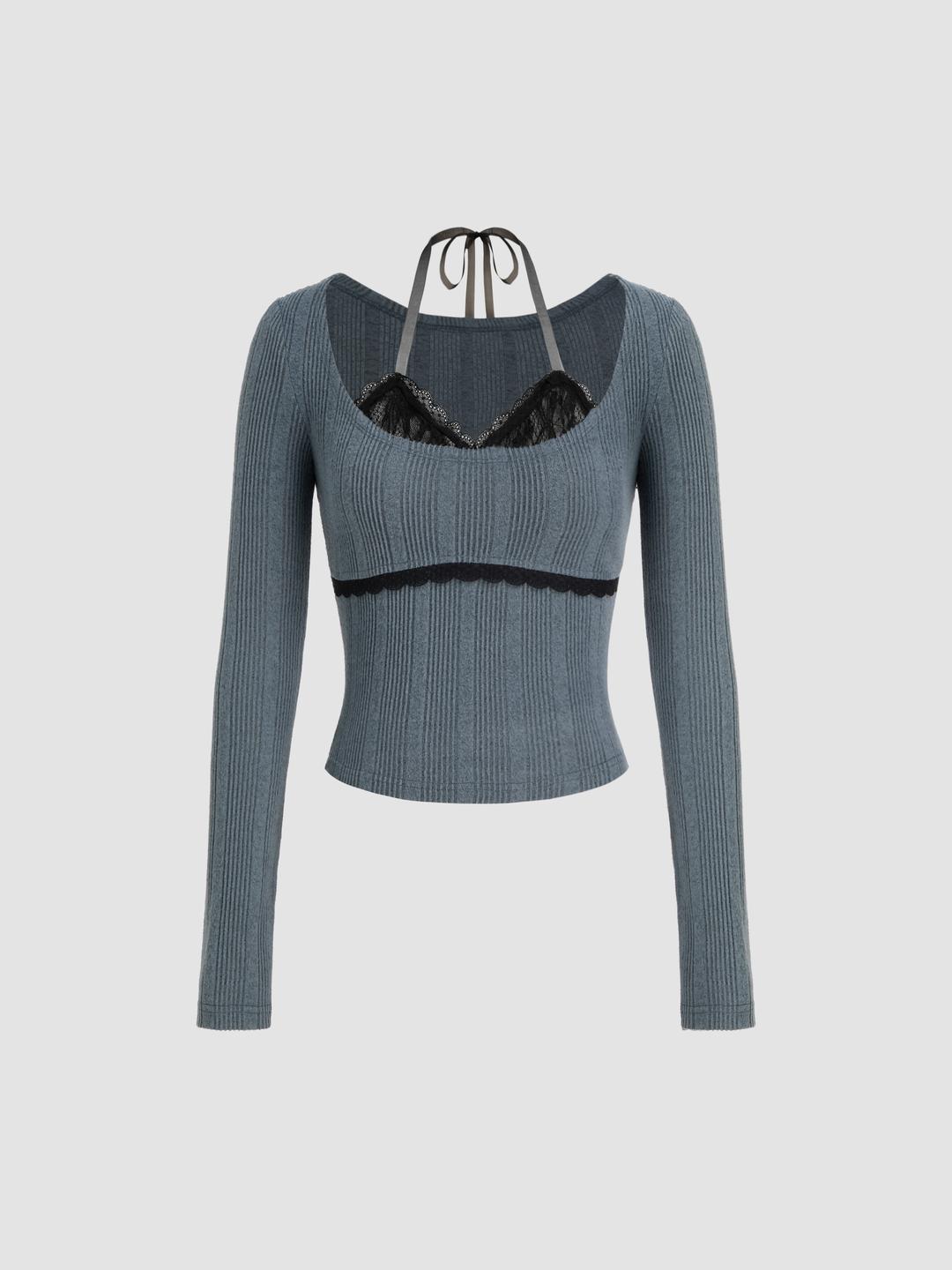 Wool-look Halter V-neck Lace Long Sleeve Top