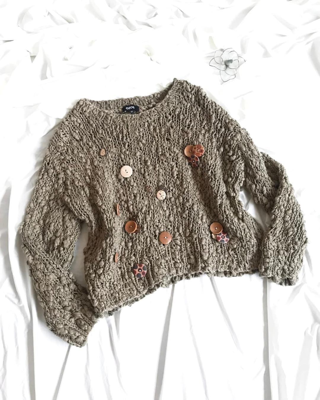 Ozoc dark beige wood button knit | 후루츠패밀리