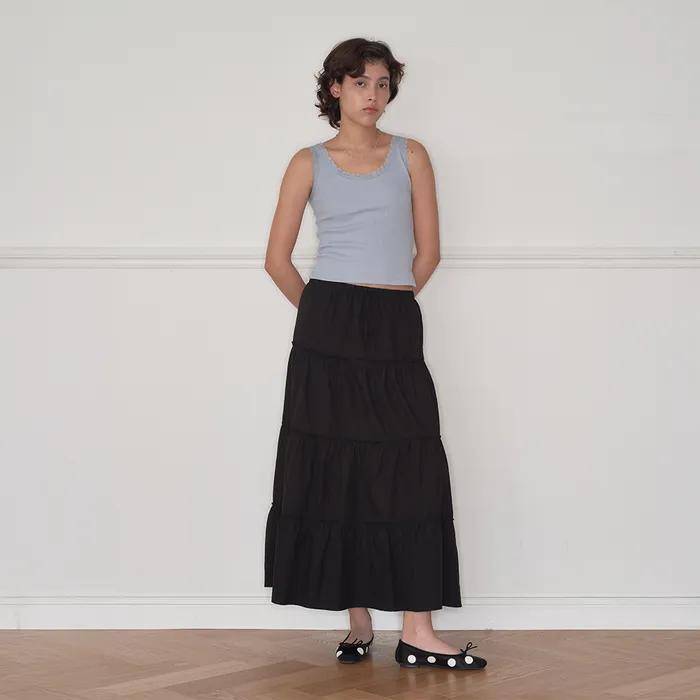[3차 재입고]  Maxi Shirring Flare Skirt (BLACK)