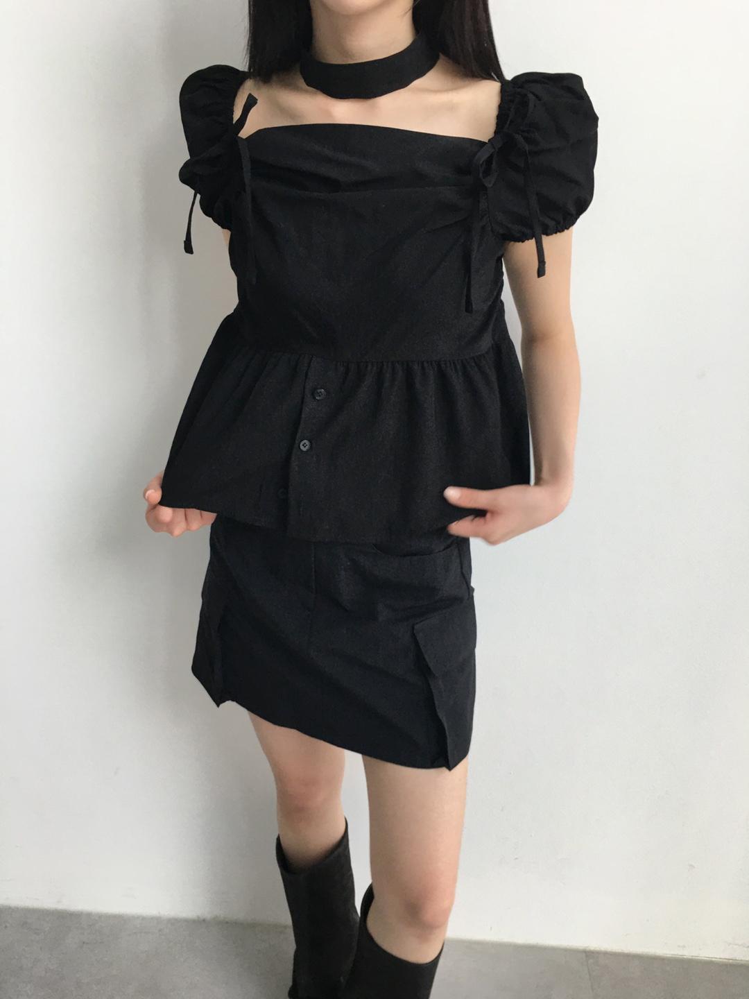 노비야카 Romantic choker puff blouse (Ivory, black)