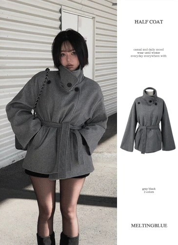 [벨트세트/누빔안감🖤]디나 하이넥 모직 하프코트 아우터 가을자켓 겨울자켓 겨울아우터 하객룩 숏자켓 겉옷(그레이/블랙)