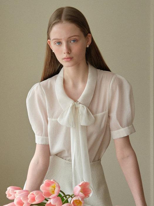 ROSA See-through pointed collar ribbon tie blouse (Ivory)