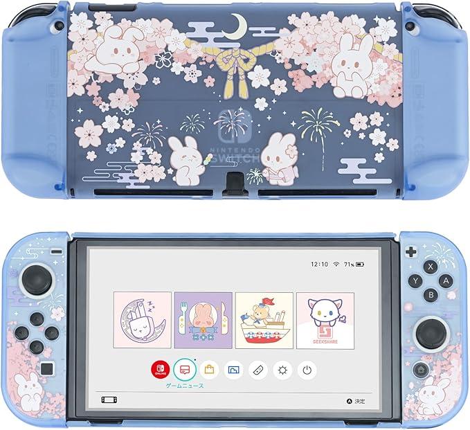 GeekShare Hard Shell Protective Case for Switch OLED Model Cute Rabbit Slim Cover Case Compatible with Nintendo Switch OLED and Joy Con - Hanabi Bunny