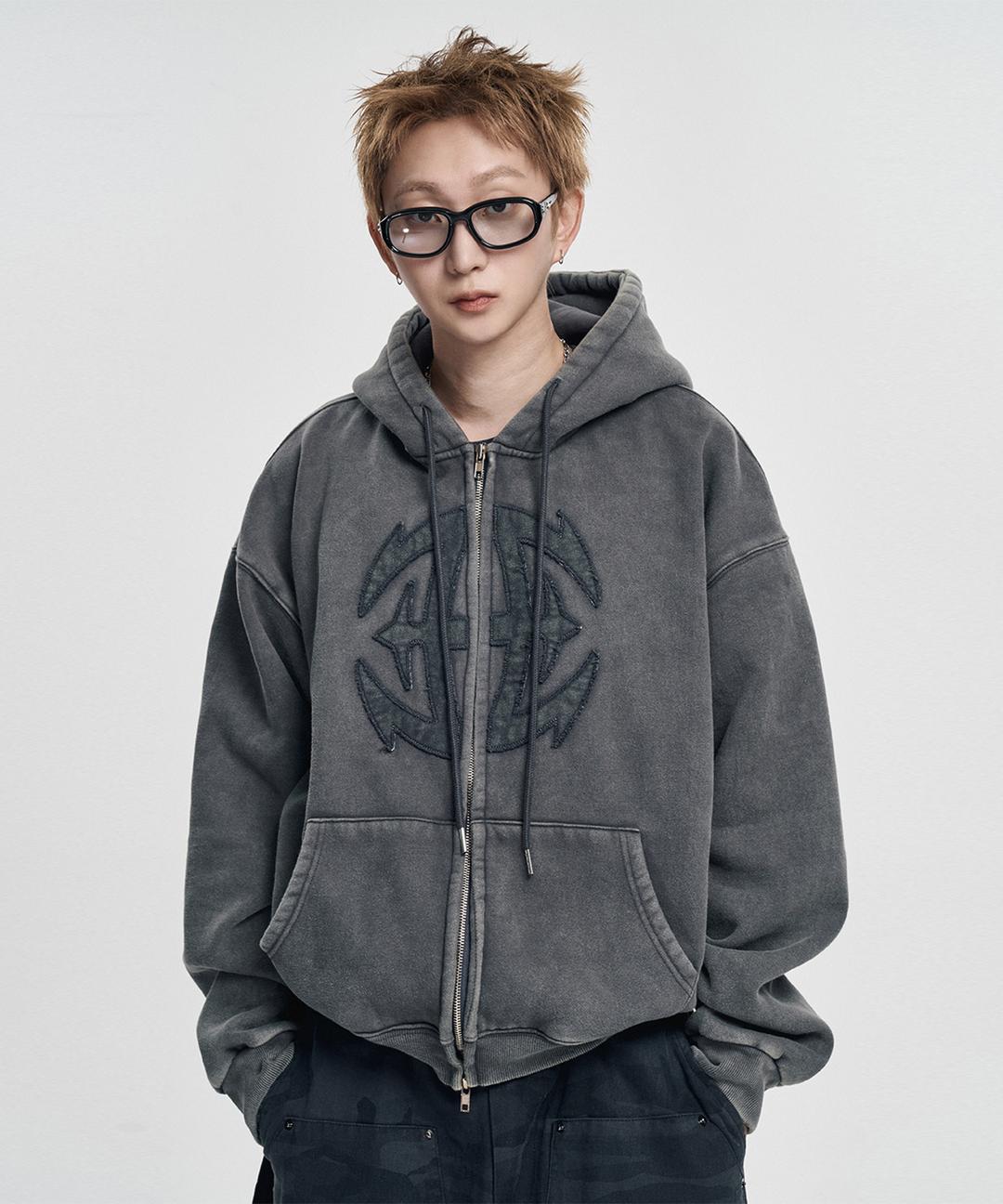 워시드 크롭 후드 집업 - 그레이