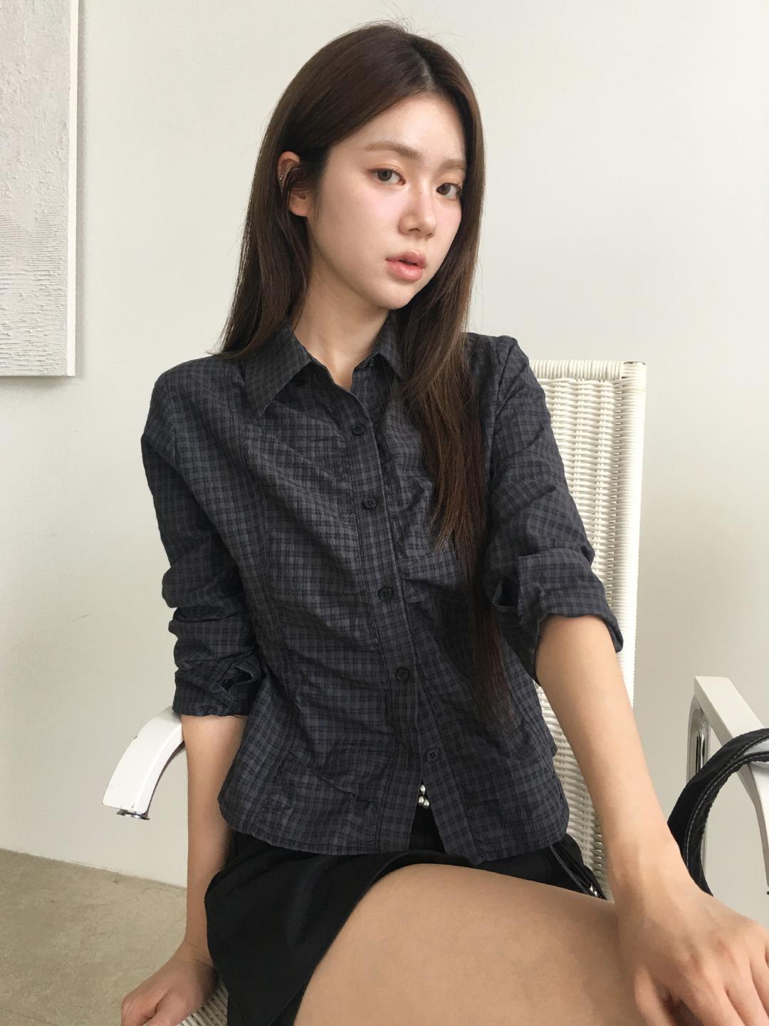 노비야카 Opal shirring check shirt (Ivory, charcoal)