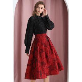 Blissful Red Floral Jacquard Pleated Midi Skirt