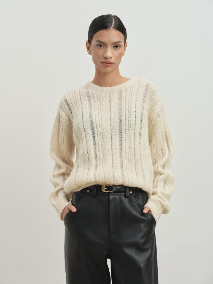 (W) KID MOHAIR DISTRESSED RIBBED SWEATER_ ECRU