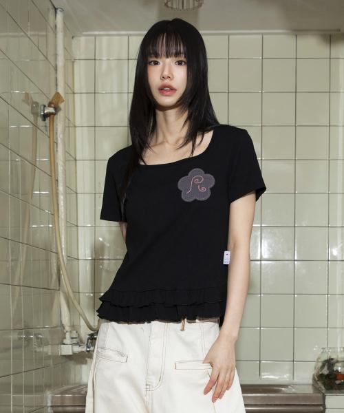 WXT047 프릴 레이어드 스퀘어넥 숏슬리브 (BLACK)