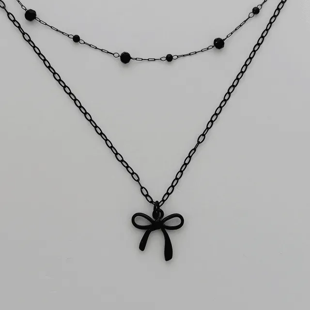 [신상할인] 써지컬스틸 올블랙 리본 초커 레이어드 목걸이