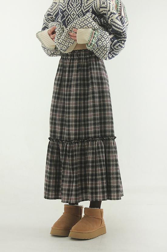 check frill banding long skirt