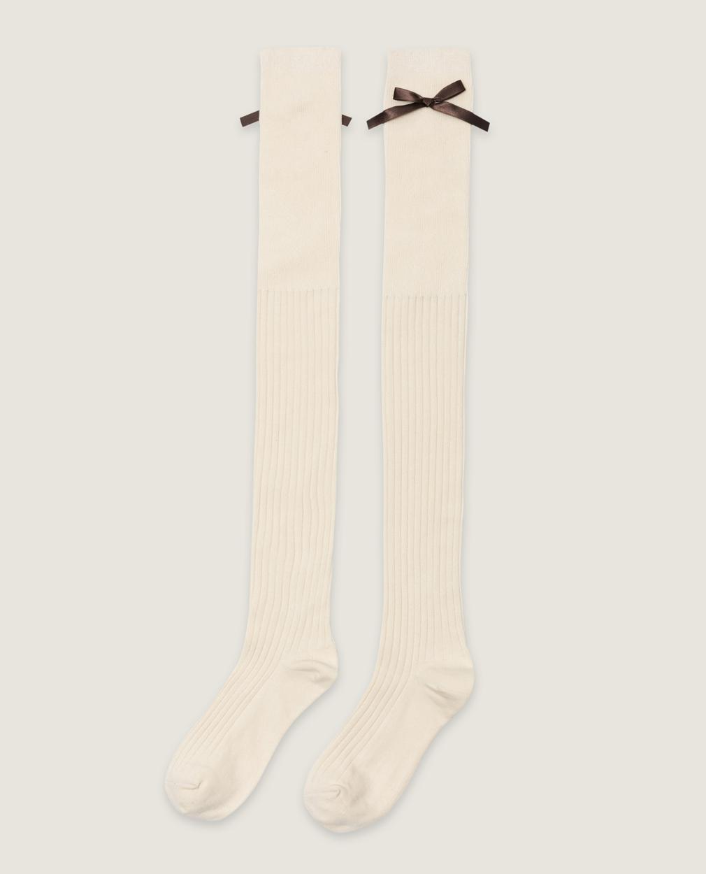 Ribbon over knee socks_Beige