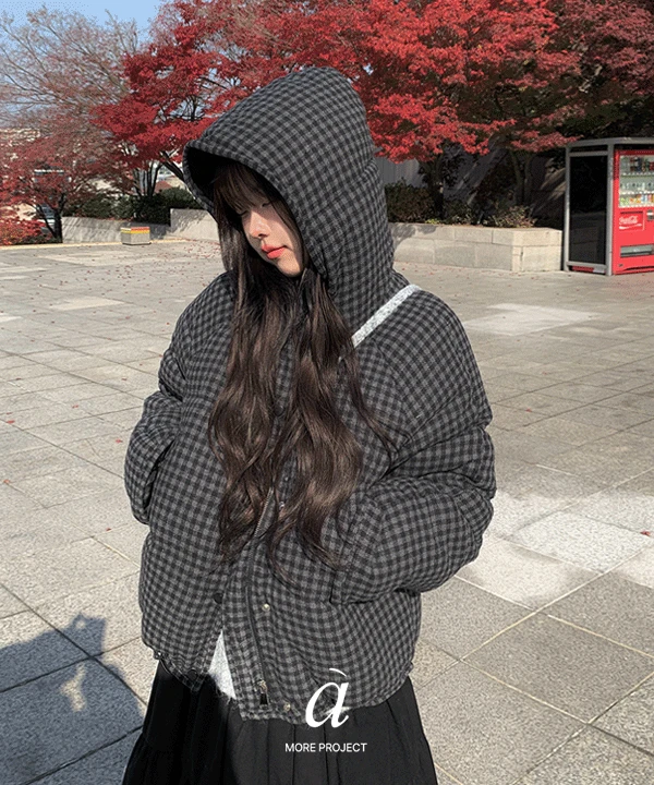 [벨벳안감!][MADE/아방핏] 오딘 체크 후드 하이넥 스트링 패딩