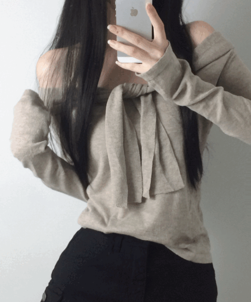 [울100%/여리핏] 하루 청순 타이 오프숄더 니트 티셔츠 2color