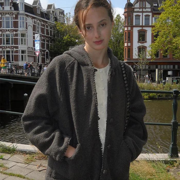 HOODED BOUCLE CARDIGAN DARK MOON