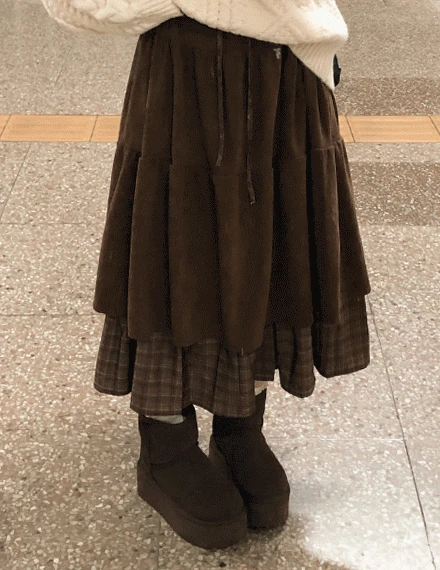 [빈티지/안감O] 듀플릿 밴딩 골덴 코듀로이 체크 스트링 레이어드 롱스커트