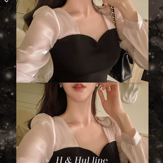 [La belle rose]블랙스완 하트넥 새틴 배색원피스(미니,롱.ver/H라인/훌라인/하객룩)