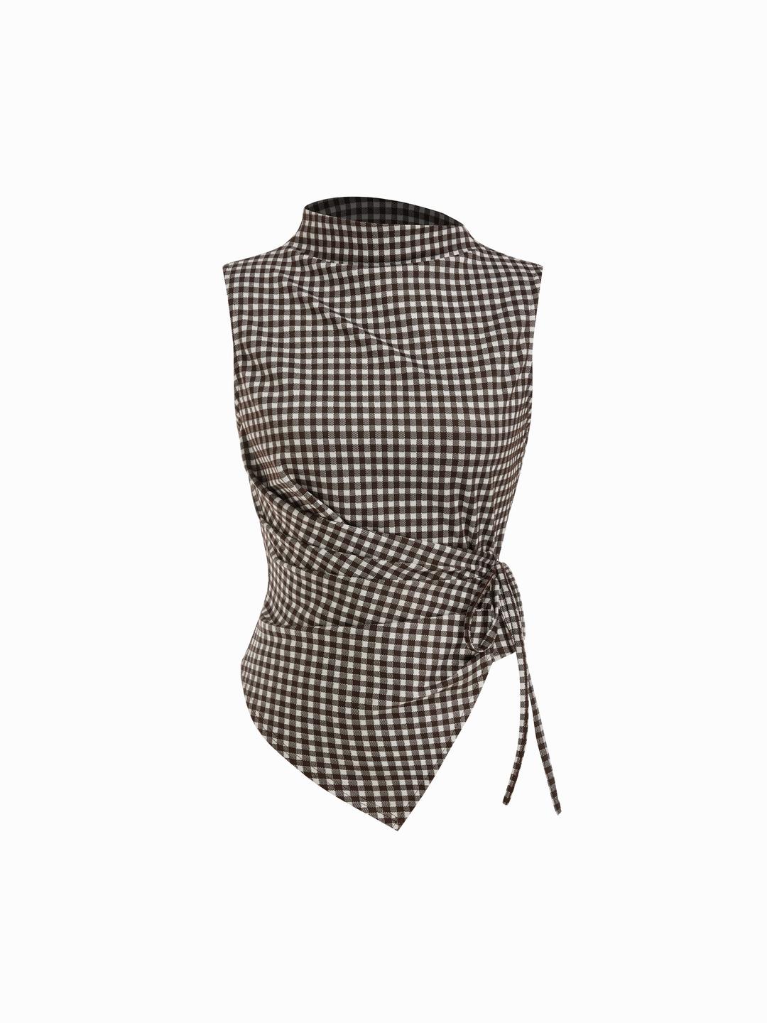 Gingham Stand Collar Asymmetrical Hem Ruched Knotted Top