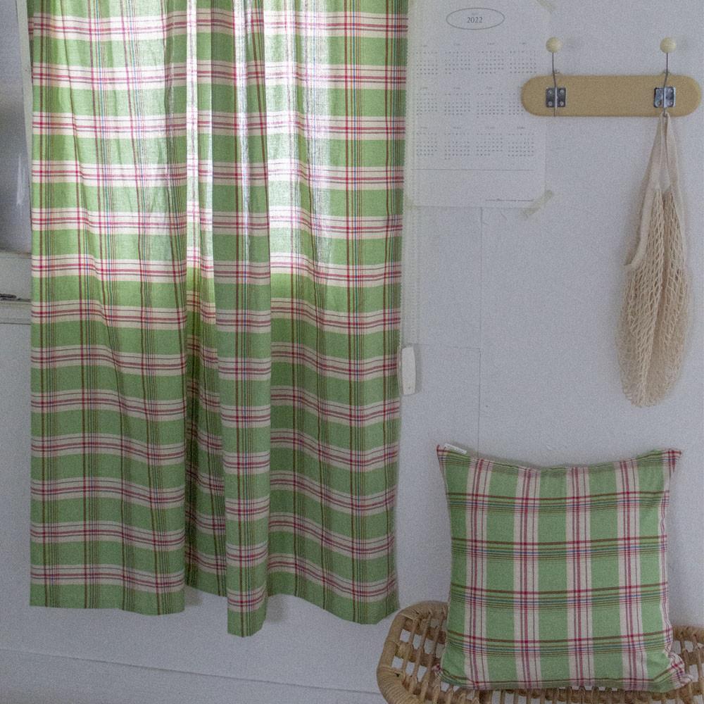 빈티지 그린애플 체크커튼 창문가리개 긴창 커튼 거실 안방 현관 베란다 커텐