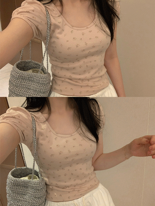 로즈 플라워 퍼프 반팔 티