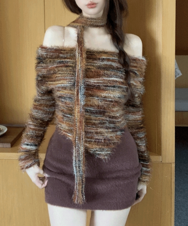 [당일출고/연말룩추천☃] 남데르 오프숄더 니트+머플러 SET