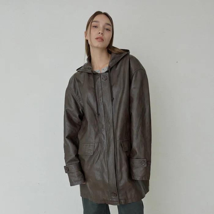 MIA HOODED LEATHER COAT - BROWN