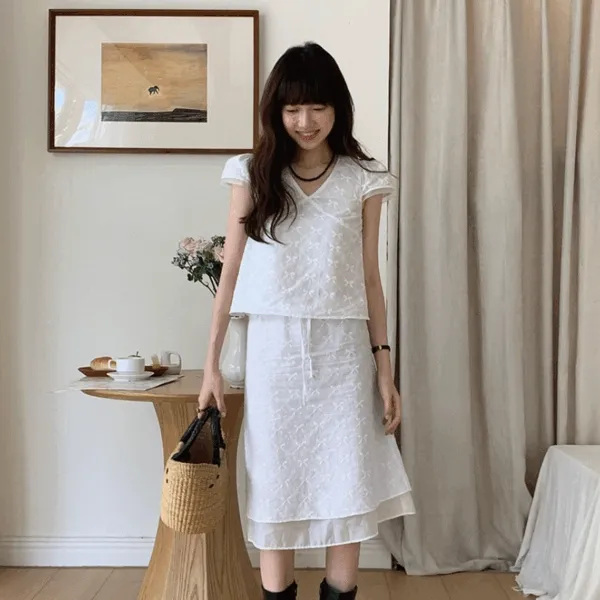 🩷당일출고🩷칸니야❤️(블라우스+스커트SET)브이넥 퍼프 리본 코튼 블라우스 로우라이즈 A라인 롱 스커트 투피스 세트 1color