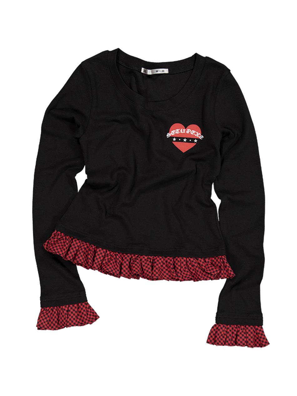 CHECK FRILL TOP / BLACK