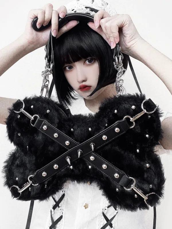 [$42.70]Studs Decorated Black Plush Bone-shaped Bag