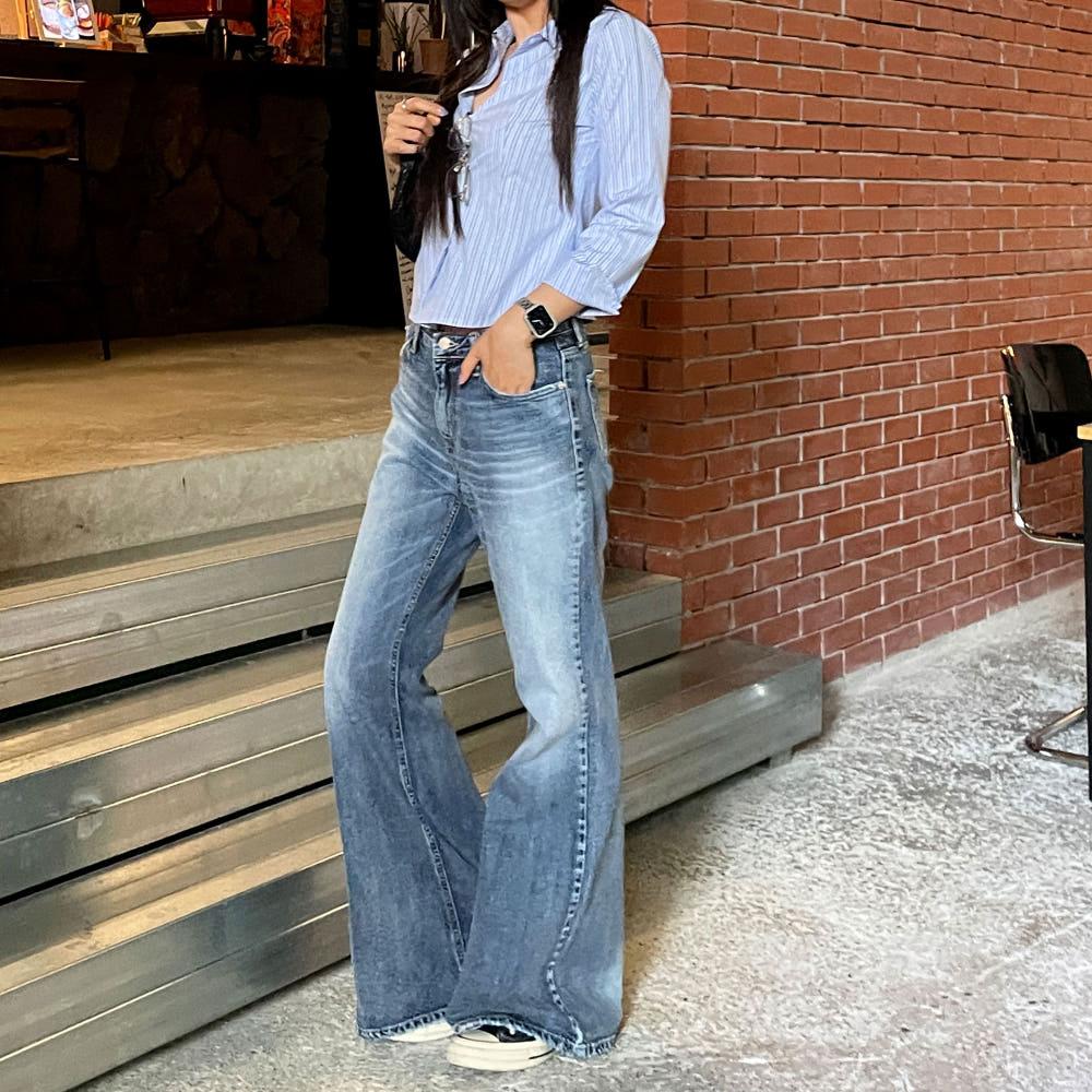 캐니 하이웨스트 세미 부츠컷 청바지 OOT 워싱 데님 팬츠