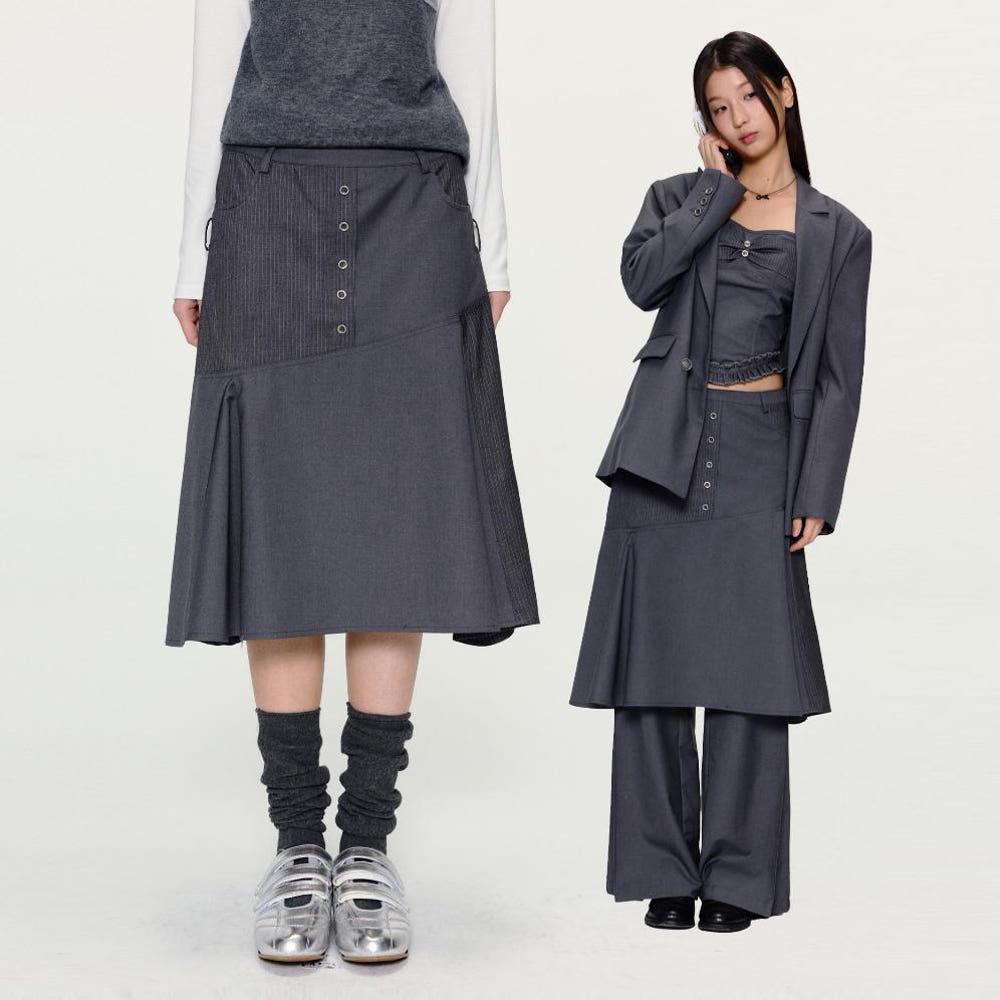 yawhat 다크 그레이 하이엔드 드레이프 수트 팬츠와 미디 스커트