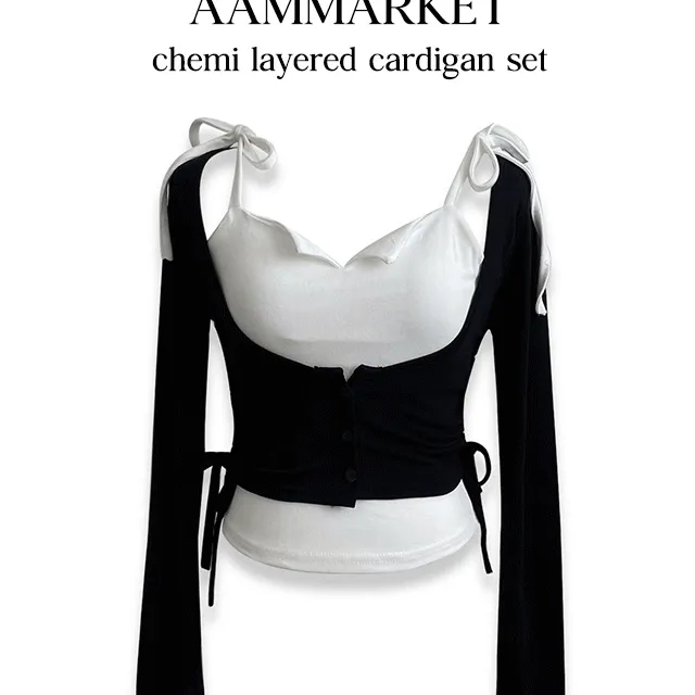 [코디세트] y2k 케미 셔링 레이어드 나시가디건 세트