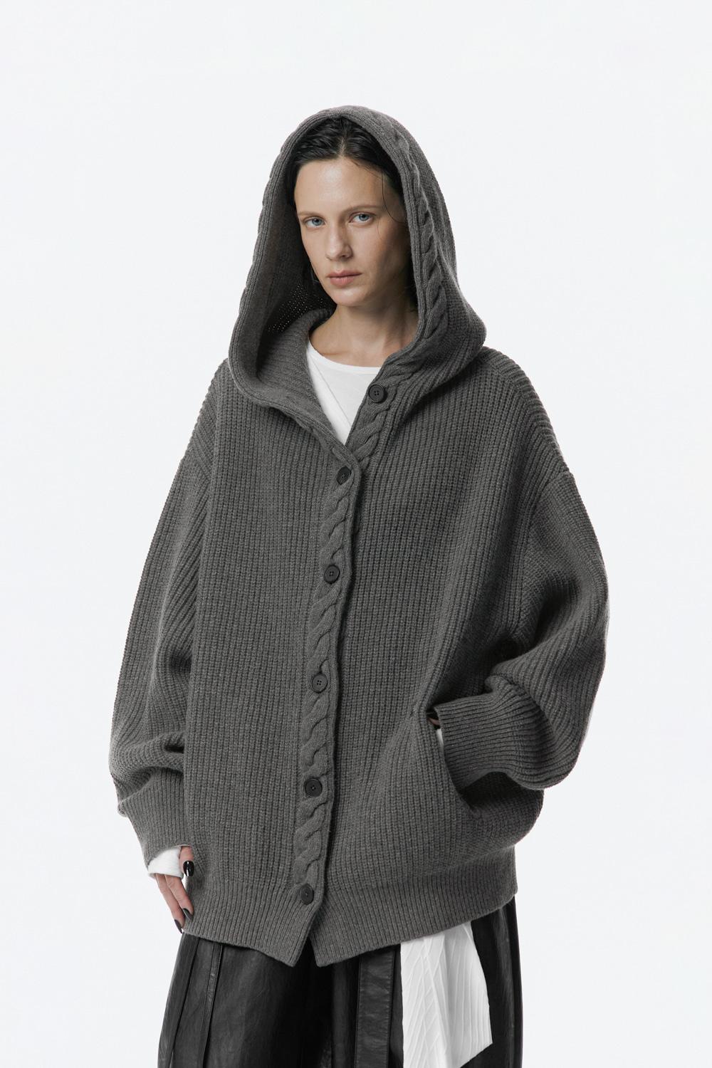 Relaxed Cable Knit Hoodie [ Gray ]