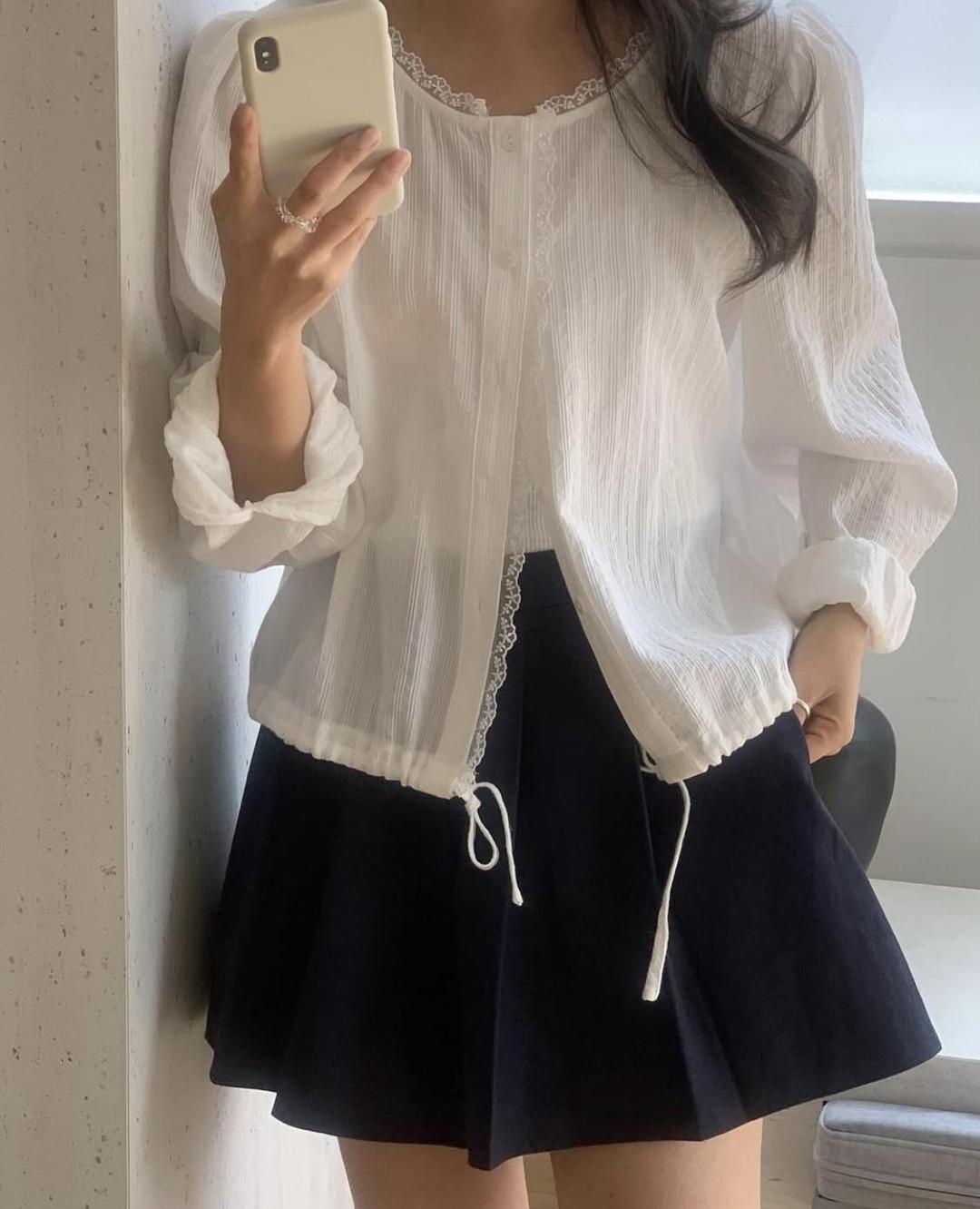 [MUNIATE] liter 리터 헤이즐 레이스 가디건 블라우스 코튼 스트링 bl